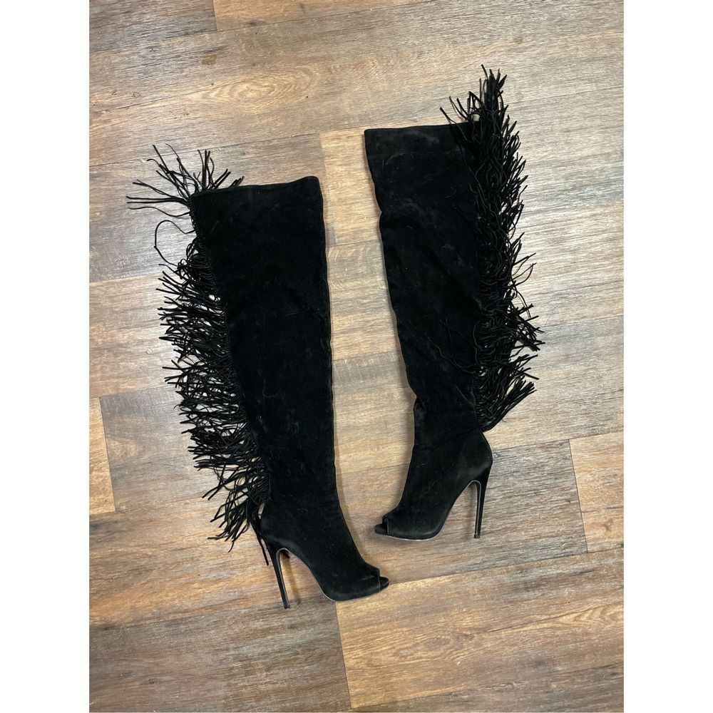 Scene Weaver Black Thigh High Fuzzy Fringe Open Toe Heeled Boot 7
